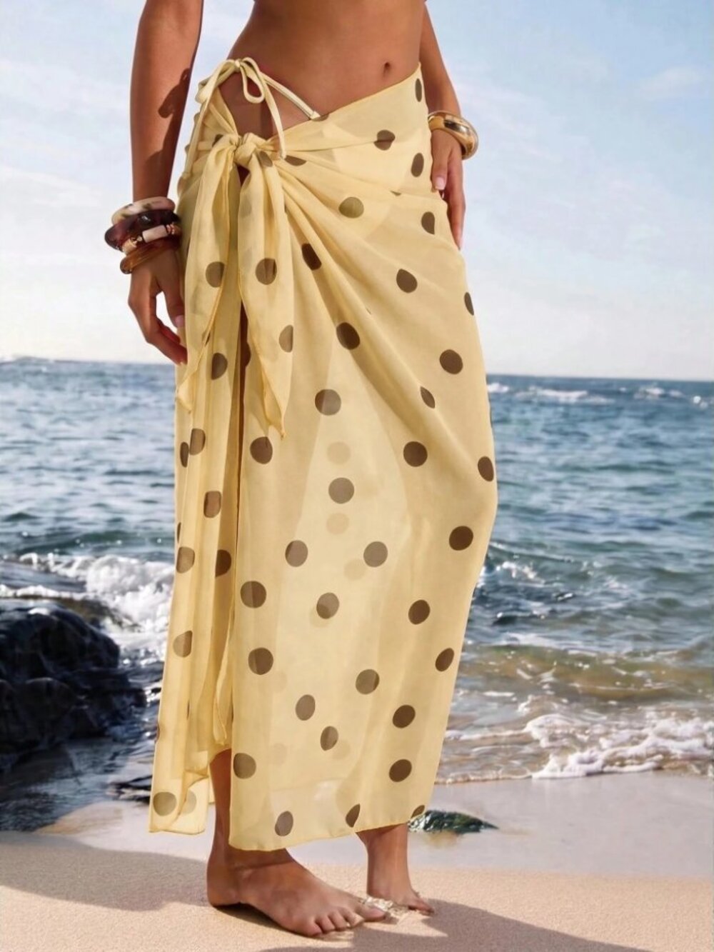 Yellow Brown Polka Dot Sheer Sarong Tie Beach Wrap Skirt
